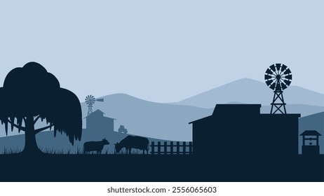 Landscape illustration of farm silhouette with cattle livestock