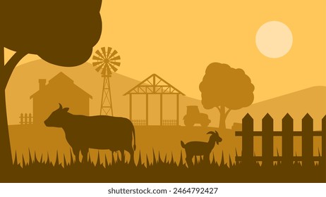 Ilustración de paisaje de silueta de granja con vaca y cabra