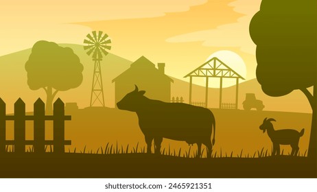 Landscape illustration of farm silhouette with cow and goat