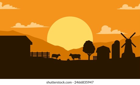 Landscape illustration of farm silhouette with livestock in the sunset