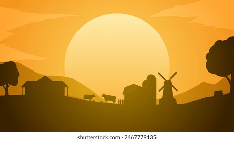 Landscape illustration of farm silhouette with livestock in the sunset