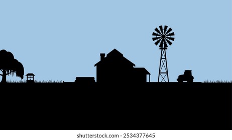 Landscape illustration of farmhouse silhouette and windmill