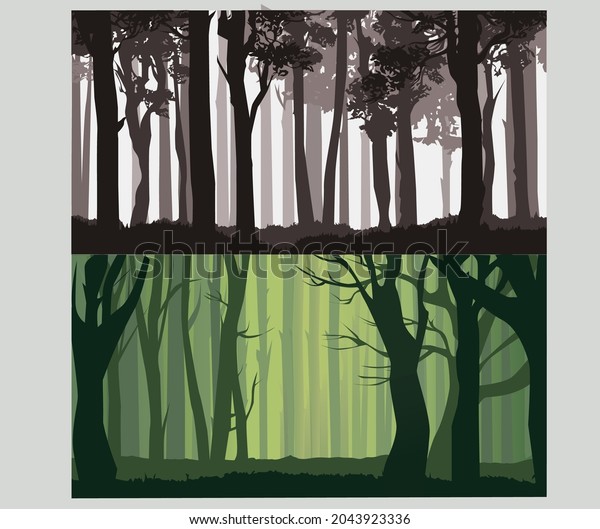 landscape illustration - flat\
design.\
forest, fir-trees, view at scenery\
with bushes and\
plants, nobody, ecological, non-urban, scene of countryside,\
wild