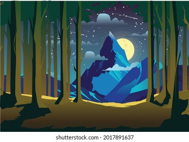 landscape illustration - flat design.night landscape with hills, forest, fir-trees, view at scenery with clear sky, full moon.nobody, ecological, non-urban, scene of countryside, wild.