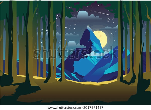 landscape illustration - flat design.night\
landscape with hills, forest, fir-trees, view at scenery with clear\
sky, full moon.nobody, ecological, non-urban, scene of countryside,\
wild.