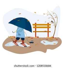  Landscape illustration in flat linear style with plants, puddle, tree with yellow foliage, child,  umbrella.