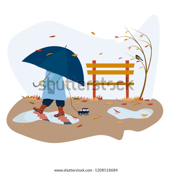  Landscape
illustration in flat linear style with plants, puddle, tree with
yellow foliage, child, 
umbrella.