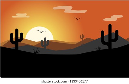 Landscape. Illustration in a flat style, evening in the desert. cacti, desert, mountains and wild west.