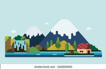 Landscape illustration in flat style with mountain, house, waterfall, trees