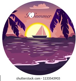 Landscape. Illustration in a flat style, a sailboat on the sea against the backdrop of the setting sun, the shore of the sea and palm trees.