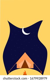landscape illustration in flat style with tent, campfire, moon, and stars. Yellow background for summer camp, nature tourism, camping or hiking design concept. Template for mobile phone screen saver.