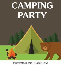  landscape illustration in flat style with tent, campfire, mountains, forest and water. Background for summer camp, nature tourism, camping or hiking 