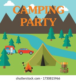  landscape illustration in flat style with tent, campfire, mountains, forest and water. Background for summer camp, nature tourism, camping or hiking 