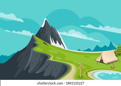landscape illustration in flat style with tent, campfire, mountains, forest, and water. Background for summer camp, nature tourism, camping, or hiking design concept. Campsite with a camping tent.
