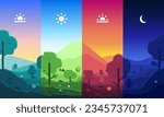 Landscape illustration of four times of day with icons. Dawn, noon, sunset, midnight. Icons of the time of day. Four illustrations in one