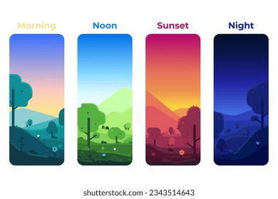 Landscape illustration of the four times of day. Dawn, noon, sunset, midnight. Four illustrations in one