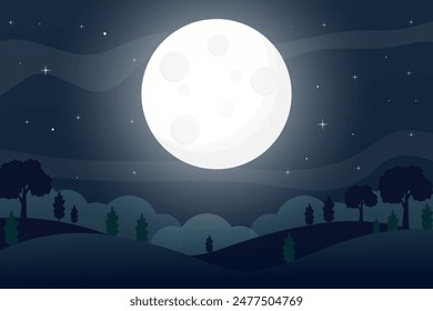 landscape illustration with the full moon at night full of stars