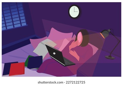  landscape illustration a girl is working in bed late at night