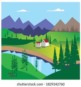 landscape illustration green field, mountain house river. vector design background