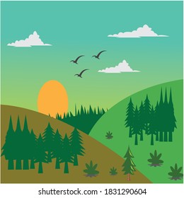 Landscape illustration of green field and sunset, flat background vector design