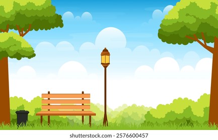 landscape illustration of a green garden of grass and trees with benches and lanterns on the background of clouds and blue sky. suitable for nature and summer concept