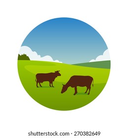 Landscape Illustration of green meadow with grazing cows in great summer day, Vector emblem isolated on white background