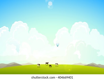 Ilustración paisajística de prados verdes y montañas colinas y nubes, vacas en un prado verde. Fondo de verano, horizonte con cielo y nubes