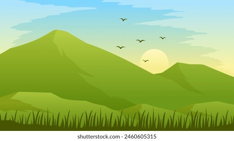Landscape illustration of green mountain with meadow in sunny day