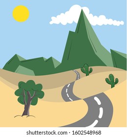 Landscape Illustration with green mountain, trees, cactus, road and desert. For background and wallpaper. EPS 10