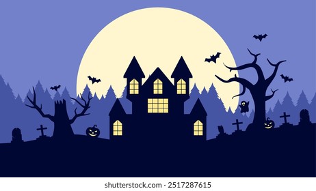 Landscape illustration of halloween haunted house at night