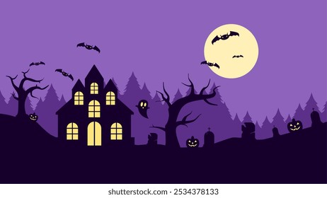 Landscape illustration of halloween haunted house at night