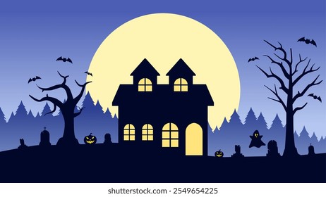 Landscape illustration of halloween haunted house at night