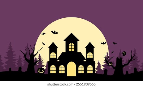 Landscape illustration of halloween haunted house at night