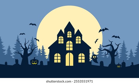 Landscape illustration of halloween haunted house at night