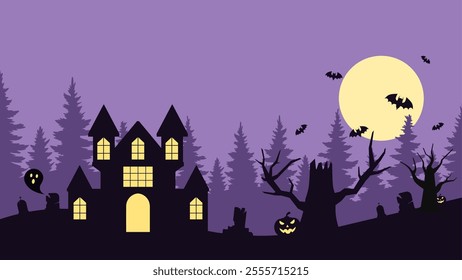 Landscape illustration of halloween haunted house at night