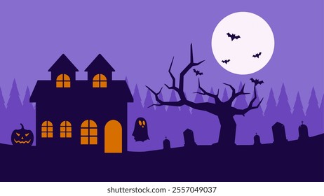 Landscape illustration of halloween haunted house at night