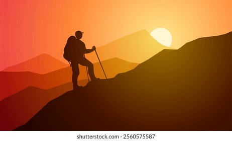 Landscape illustration of hiker against mountain range with sunset sky