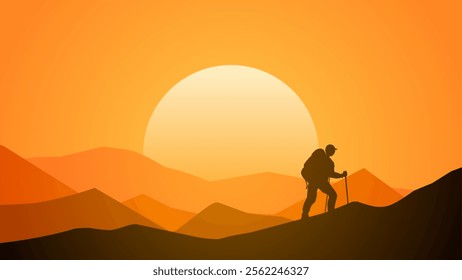 Landscape illustration of hiker against mountain range with sunset sky