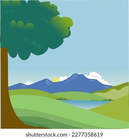 Landscape illustration of hills, lakes and mountains during the day