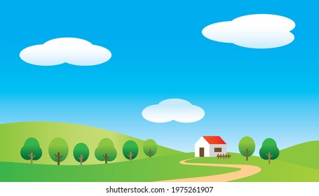 Landscape illustration of a house on a hill on a sunny day