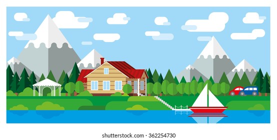 Landscape illustration. House on the lake in the mountains.