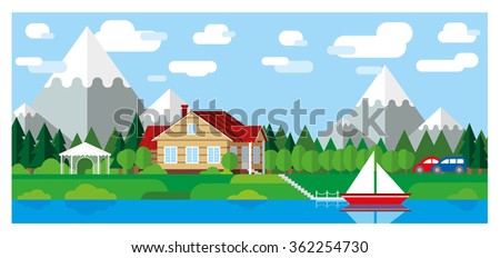 Landscape illustration. House on the lake in the mountains.
