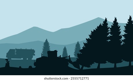 Landscape illustration of illegal logging and deforestation