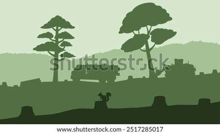 Landscape illustration of illegal logging and deforestation