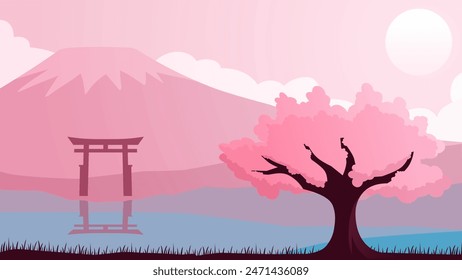 Ilustración de paisaje de cerezo japonés en flor y puerta torii