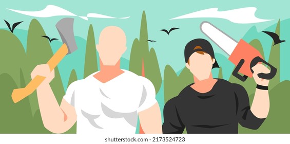 landscape illustration of a logger, woodcutter. axes, chainsaws. background of trees, birds. the concept of the theme of professions, work, activities, nature, etc. flat vector