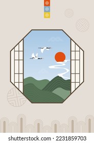 Landscape illustration looking out of a traditional Korean window.