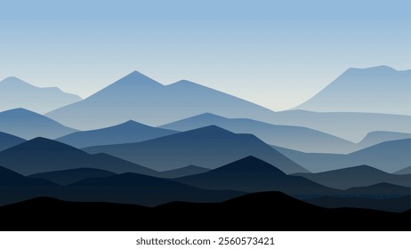 Landscape illustration of majestic mountain range under misty blue sky