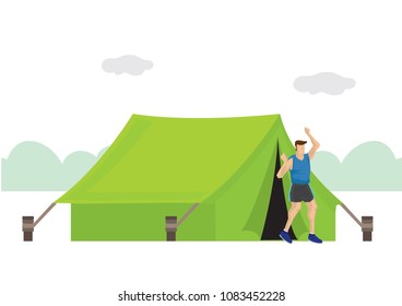 Landscape illustration of man coming out of his green tent. Concept of summer camping in the woods. Vector illustration.