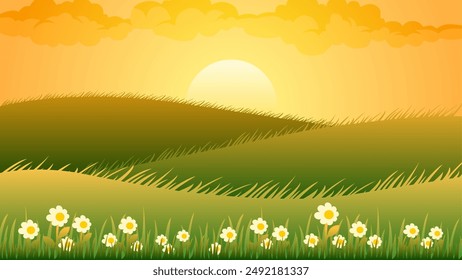 Landscape illustration of meadow with blooming flowers in spring